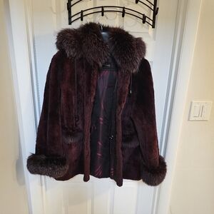 Luxurious Hooded Sheared Beaver & Fox Fur Women's Jacket in Rich Burgundy